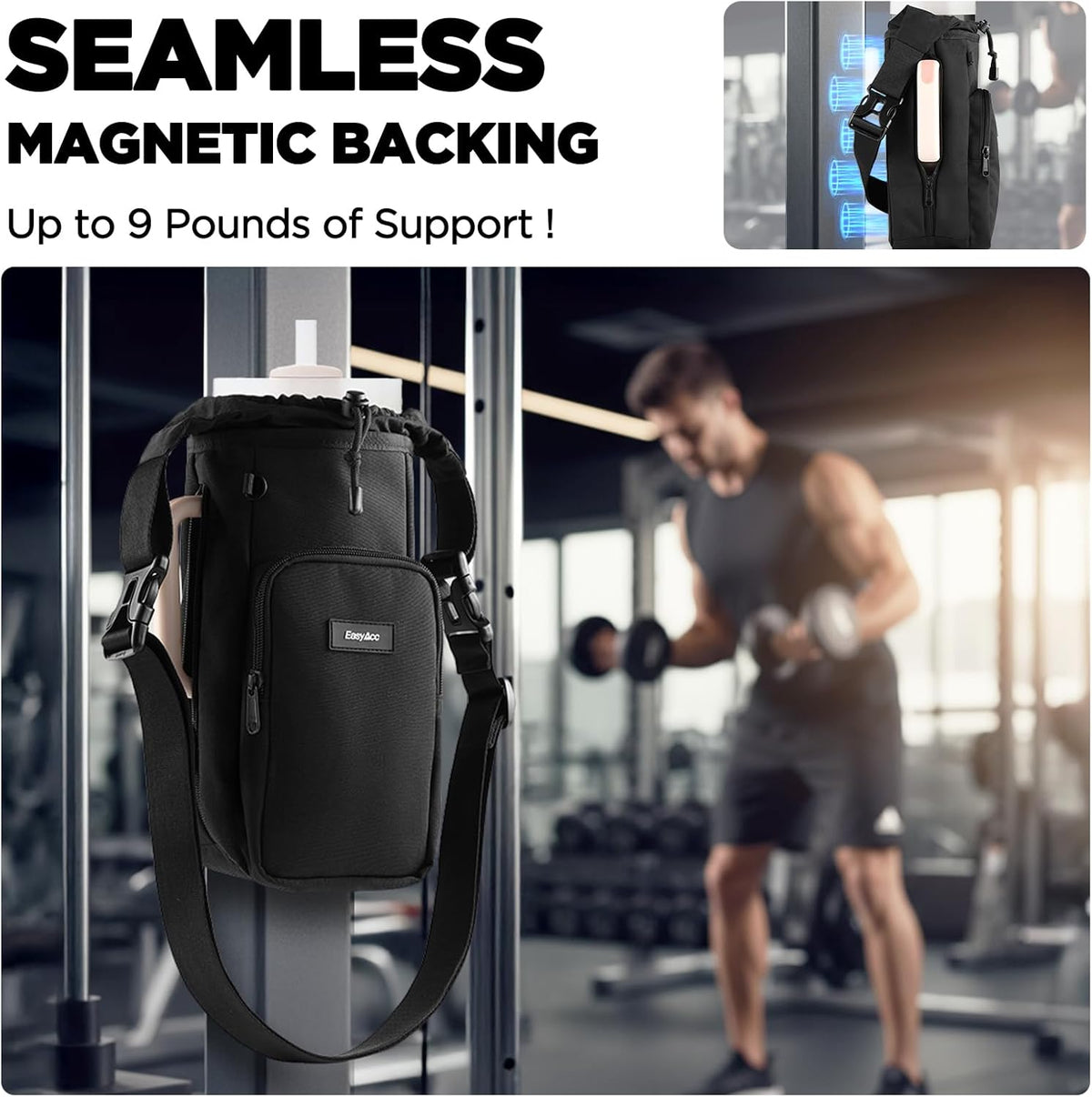 Magnetic Gym Bag Water Bottle Carrier Holder Bag, Gym Accessories for Men Women, 5 Built-In Magnets, Phone Pockets, Shoulder Strap, Accessories Organizer for Travel, Work, Fitness