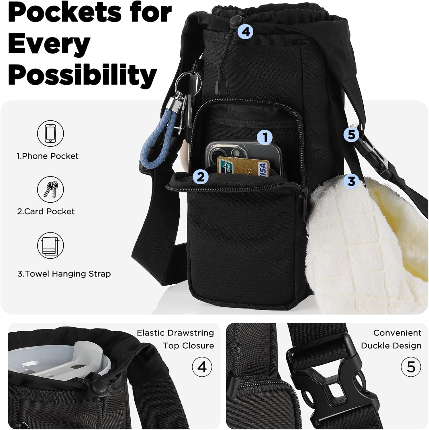 Magnetic Gym Bag Water Bottle Carrier Holder Bag, Gym Accessories for Men Women, 5 Built-In Magnets, Phone Pockets, Shoulder Strap, Accessories Organizer for Travel, Work, Fitness